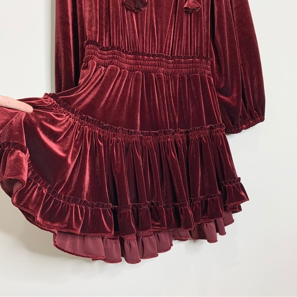 MISA Lorena Velvet Mini Dress (Sz L) V-Neck Long Sleeve Tassels Wine - Picture 6 of 11
